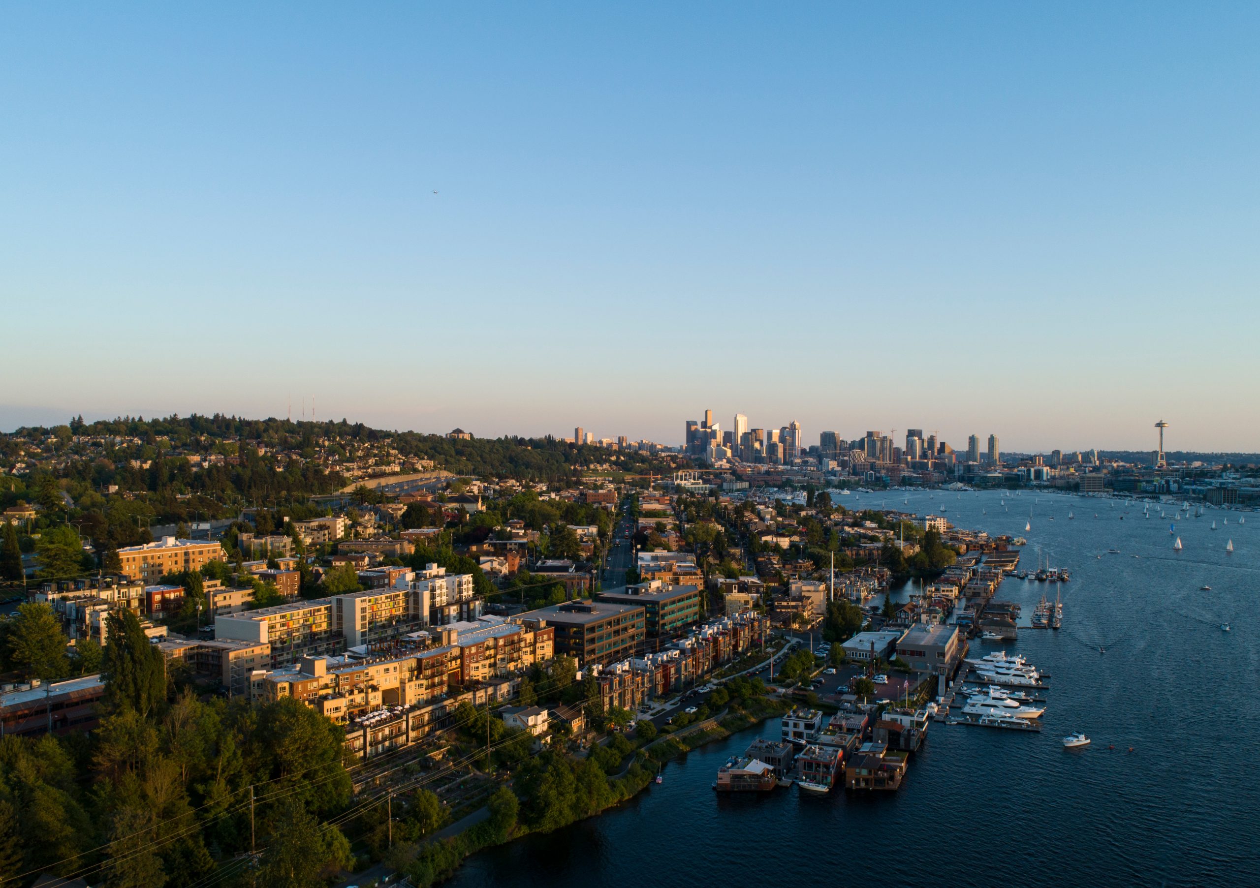 Seattle Eastlake Capitol Hill and Downtown Aerial Neighborhood Cityscape Vibrant Sunset Lighting Clear Blue Sky